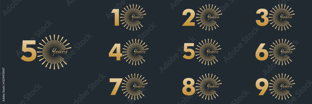 Fototapeta premium collection anniversary 10 to 90 year logo designs. abstract number, vector illustration. gold logo and black background