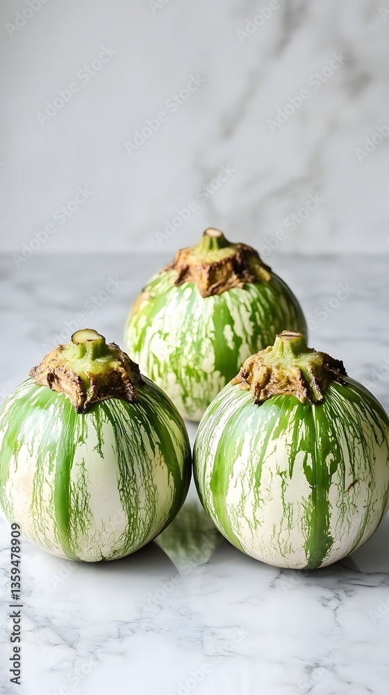 Naklejka premium Striped Green Eggplants on Marble Surface, Fresh Produce Photography