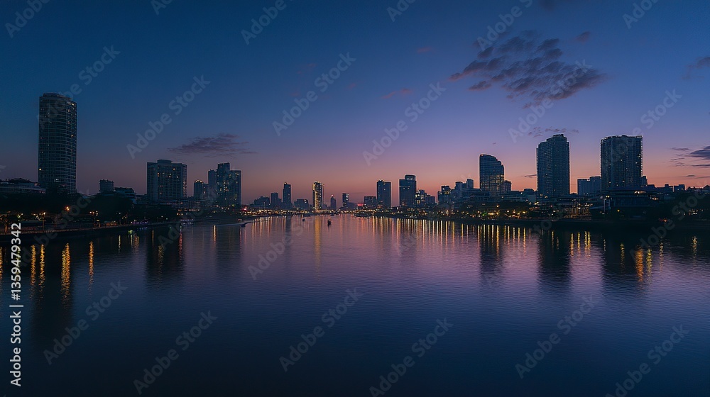 Naklejka premium Bangkok skyline at dusk: Skyscrapers illuminated against the evening sky, reflecting off the Chao Phraya River 