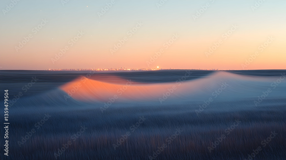 Fototapeta premium An abstract ocean landscape with blurred waves cityscape on the horizon and a serene sky gradient from blue to orange