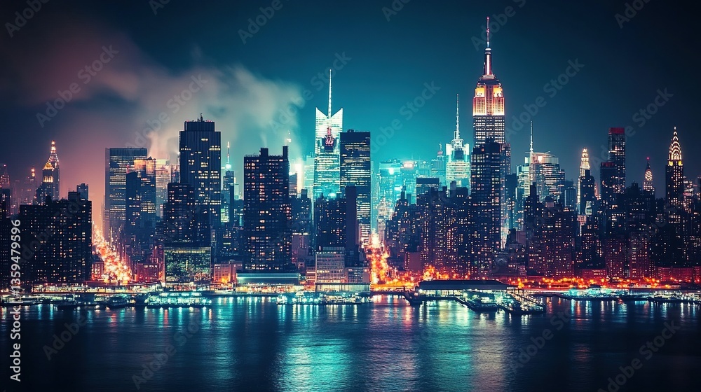 Obraz premium Panoramic Night View of New York City Skyline with Illuminated Skyscrapers Reflecting in Water, Vibrant City Lights Against Dark Blue Sky Highlighting Architectural Grandeur