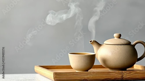 Minimalist tea set on wooden tray, steam rising, evoking warmth and tranquility