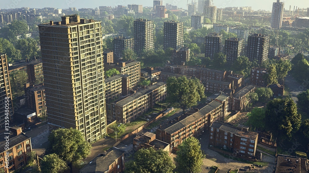 Obraz premium Birmingham cityscape viewed from above, apartment tower blocks rising prominently among a mix of old and new architecture, photorealistic textures, clear atmospheric lighting. 