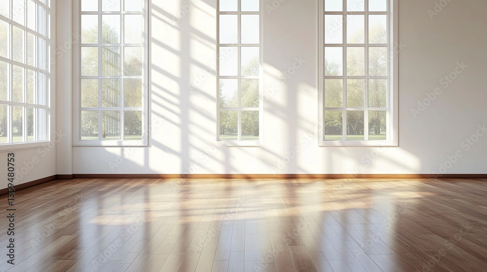 Blank white wall mockup in a modern, sunlit gallery, surrounded by sleek wooden floors and large windows casting natural light and subtle shadows across the space. Blank white wall mockup in a modern, sunlit gallery, surrounded by sleek wooden floors and large windows casting natural light and subtle shadows across the space.