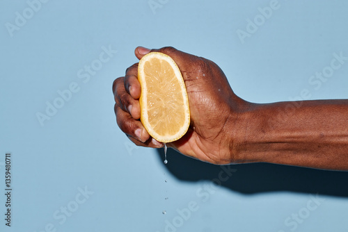 Φωτογραφία Close-up of hand squeezing fresh lemon half with juice dripping