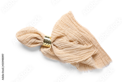 Beige napkin with ring isolated on white background