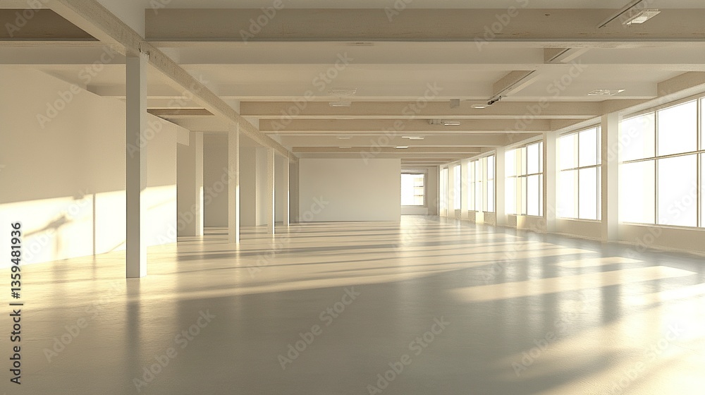 Obraz premium Bright empty space with plain white walls, soft sunlight from a high window, and a neutral floor, ideal for creative design or staging. 