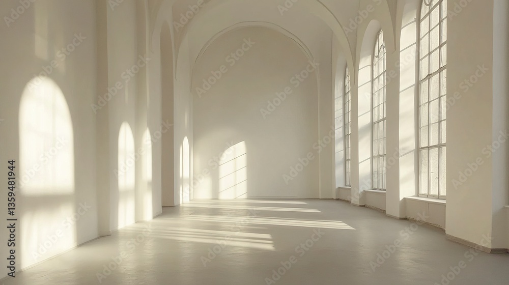 Bright empty space with plain white walls, soft sunlight from a high window, and a neutral floor, ideal for creative design or staging.  