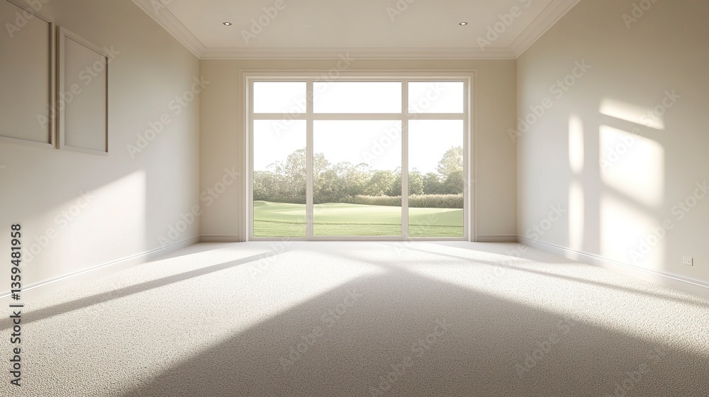 Fototapeta premium Bright empty space with plain white walls, soft sunlight from a high window, and a neutral floor, ideal for creative design or staging. 