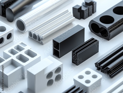 A Collection of Aluminum and Black Metal Extrusions and Components on a White Surface, Perfect for Industrial Design or Manufacturing Visuals