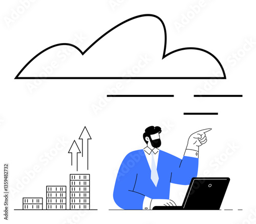 Businessman sitting at desk with laptop, pointing toward cloud growth chart with arrows. Ideal for cloud computing, business growth, data analysis, innovation, digital trends, success, abstract line