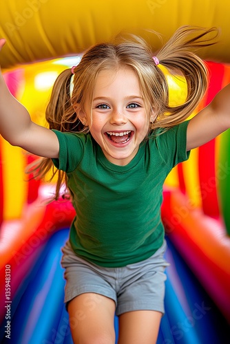 A playful child girl with blonde hair laughs while jumping inside a fun and bouncy inflatable play area.