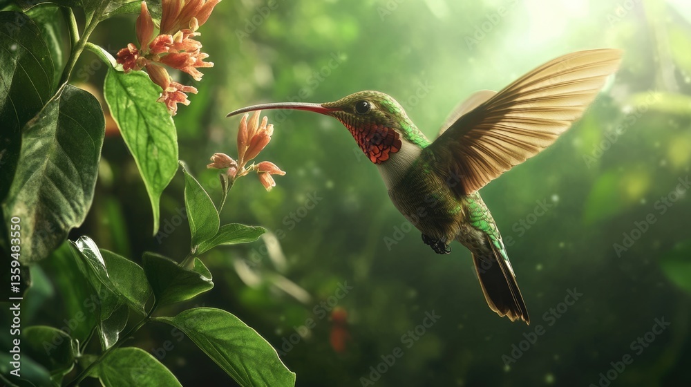 Fototapeta premium Hummingbird Tongue. Rufous Hummingbird in Flight near Green Flowers