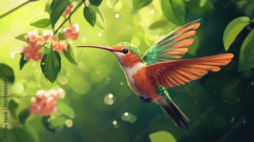Fototapeta premium Hummingbird Tongue. Rufous Hummingbird with Flying Motion in Nature Environment
