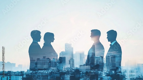 Double exposure of business professionals silhouettes merged with cityscape, illustrating corporate culture, teamwork, modern urban life. White themed, light gray, sky blue tones, blurred effect, high