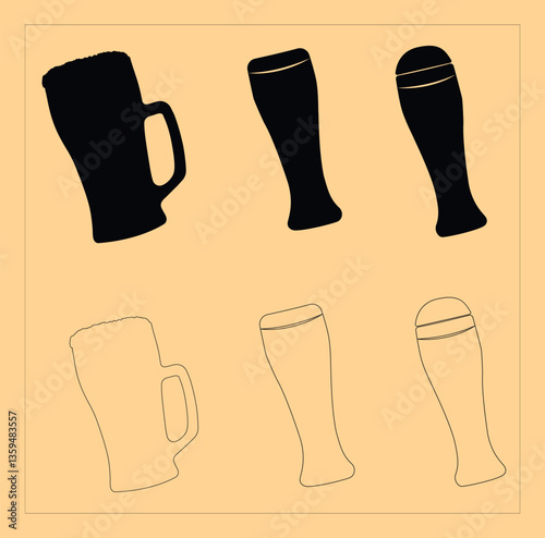 Vector set of beer drinking bottle, mug, glass silhouette
