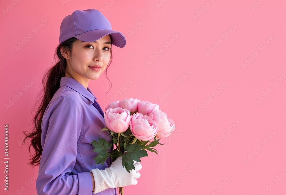Woman courier with flowers smiling against a pink background Woman courier with flowers smiling against a pink background