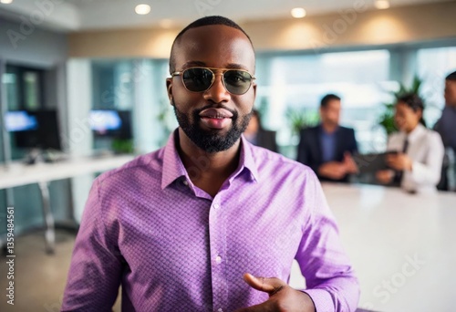 A black man in sunglasses speaks with colleagues in a sleek office setting, conveying confidence. photo