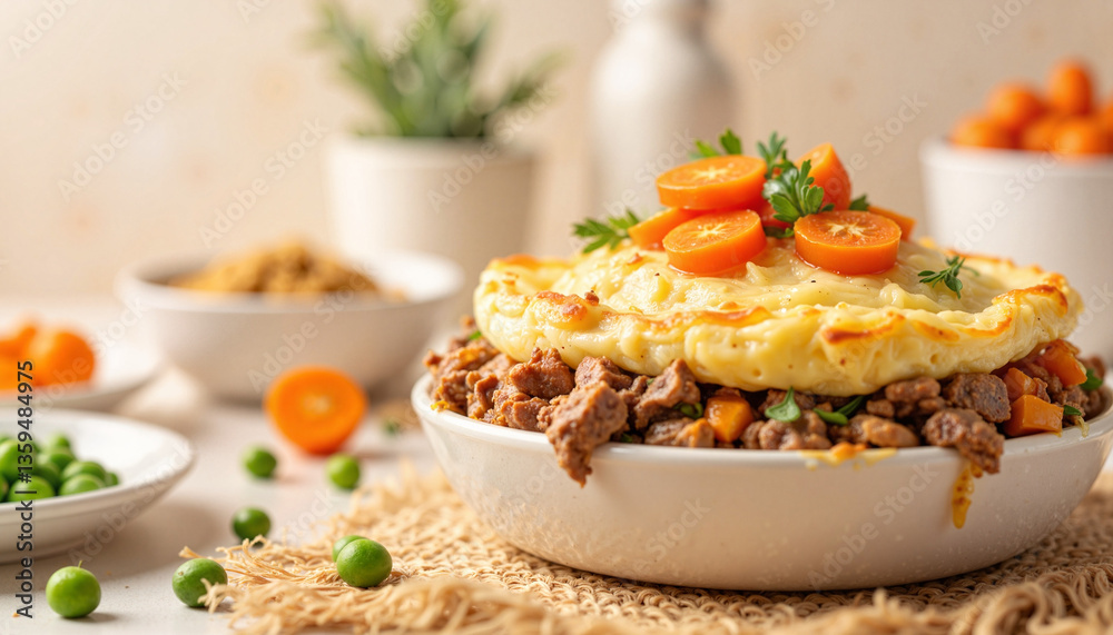 Delicious shepherd's pie with lamb filling in cozy kitchen, comfort food