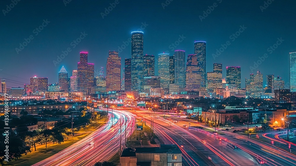 Fototapeta premium Bustling downtown nightscape, glowing skyscrapers dominating the skyline, streets lined with bright lights and car trails 