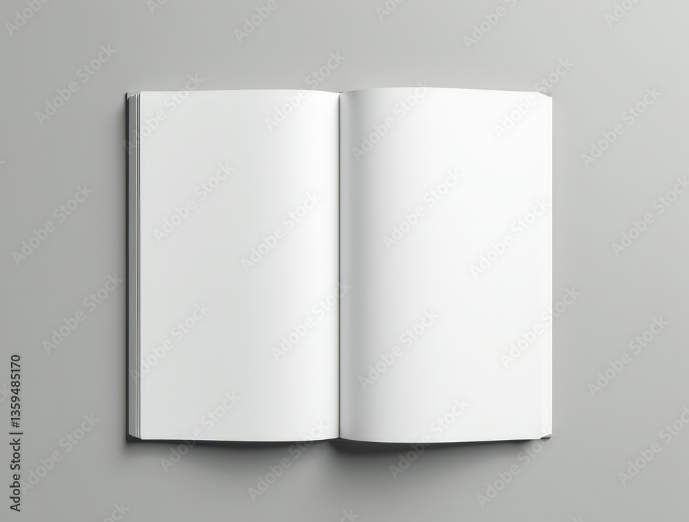 Wide view of open notebook with white pages on gray backdrop, even light, minimal and tranquil creativity focus Wide view of open notebook with white pages on gray backdrop, even light, minimal and tranquil creativity focus