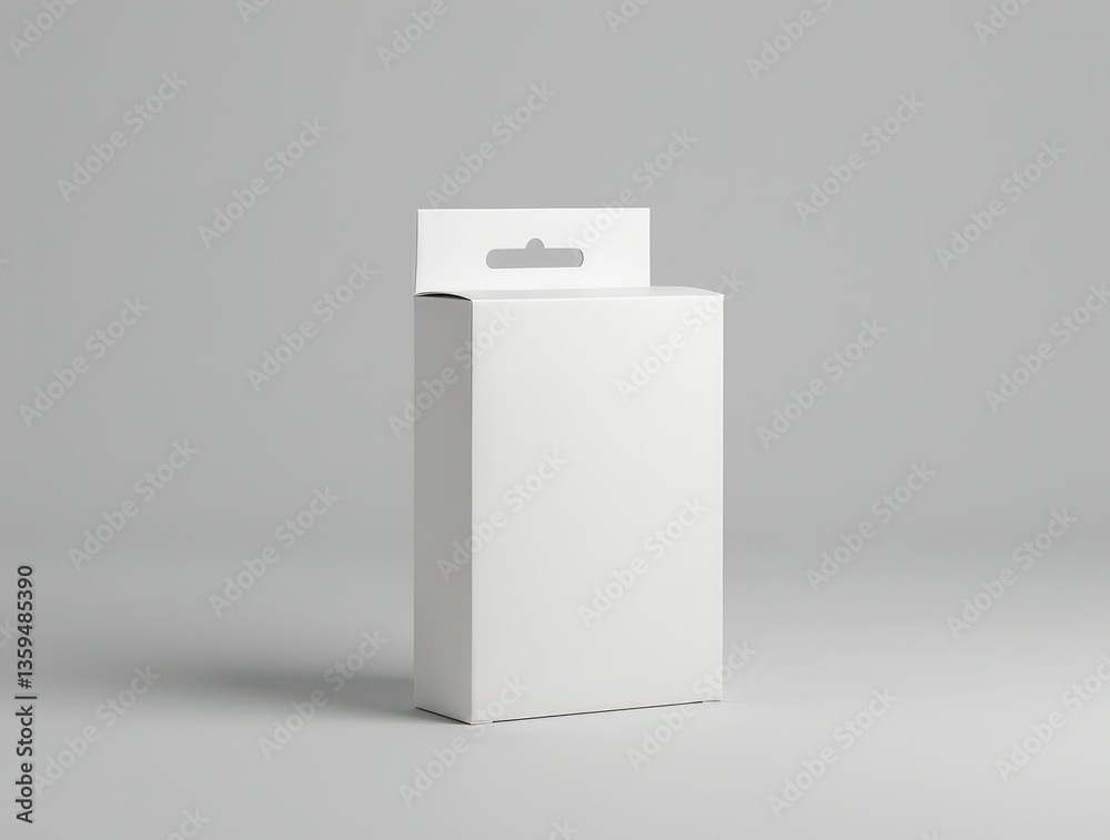 Close-up of white box with hang tab on gray backdrop, upright, soft light, minimal design, branding-ready focus Close-up of white box with hang tab on gray backdrop, upright, soft light, minimal design, branding-ready focus