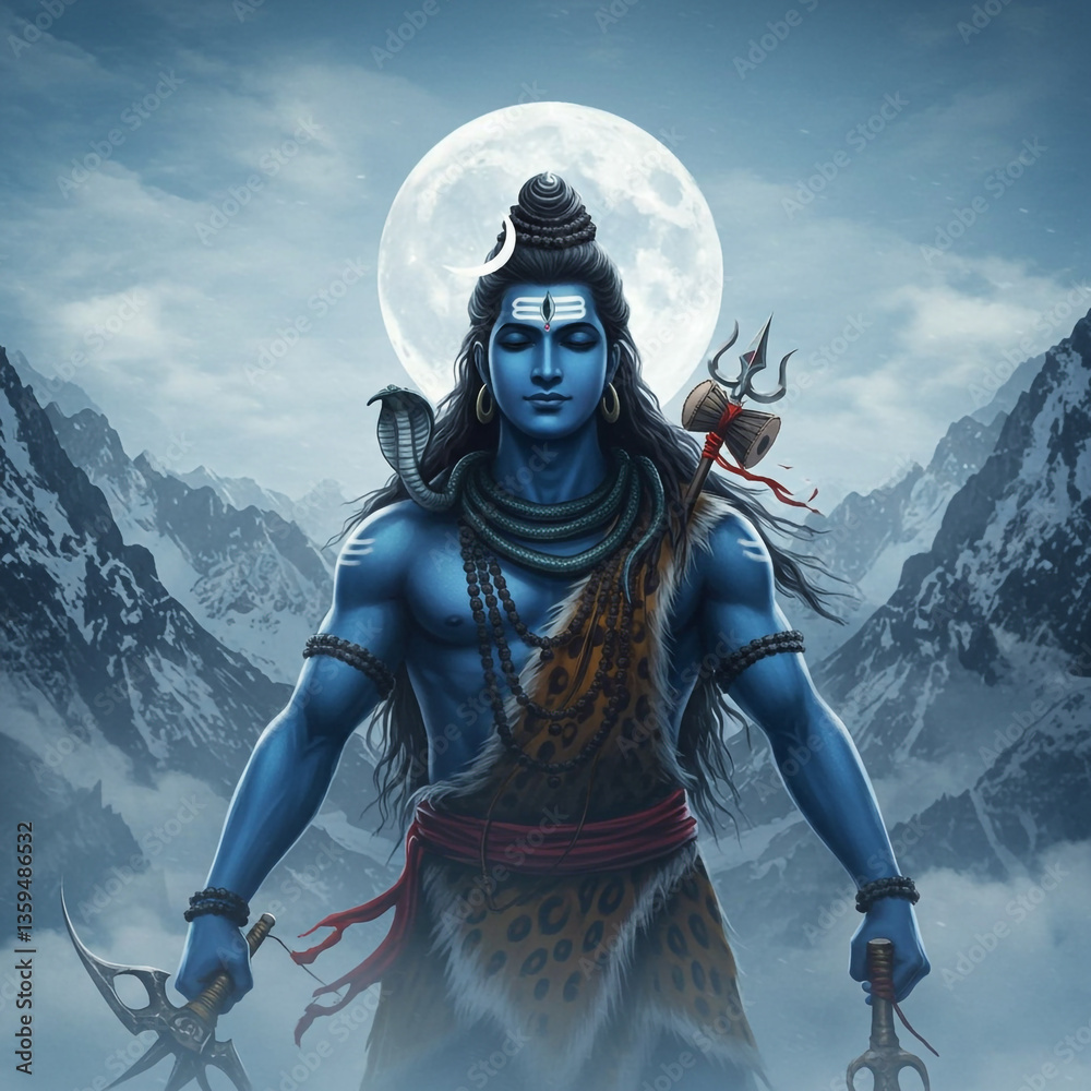 Naklejka premium Lord Shiva Standing Powerfully Before Mountains Under Full Moon with Trishula