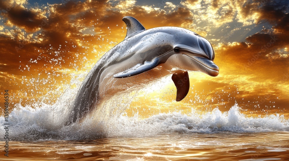 Fototapeta premium A photorealistic 8K image of dolphins playing in the surf as the last rays of the sun dip below the horizon.