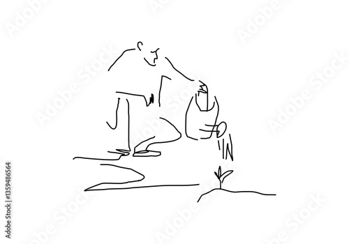  line art illustration representing watering tree seedlings to save the Earth.