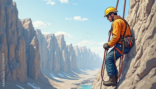 An illustration of a miner using a safety harness for high altitude work.