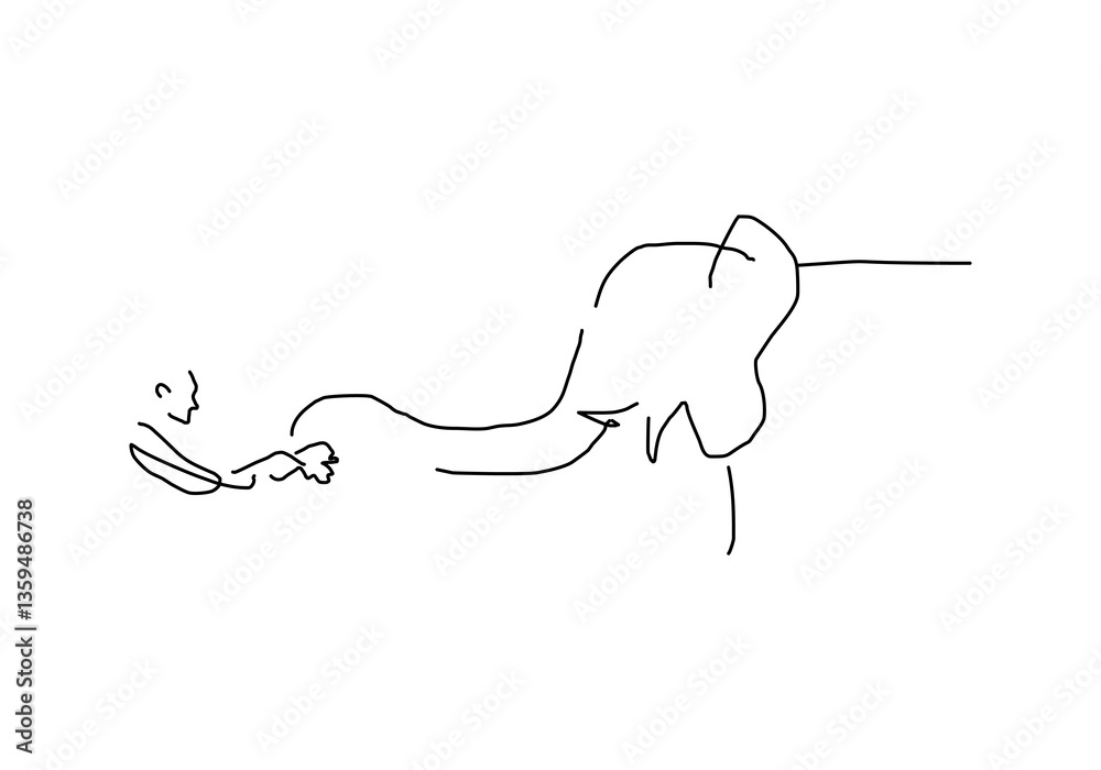 line abstract illustration depicting people joyfully playing with an elephant in the water, set against the backdrop of a traditional Thai temple.