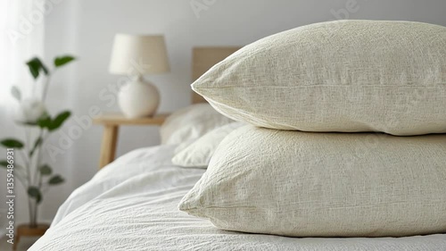 Soft pillows stacked on neatly made bed, inviting relaxation in serene setting