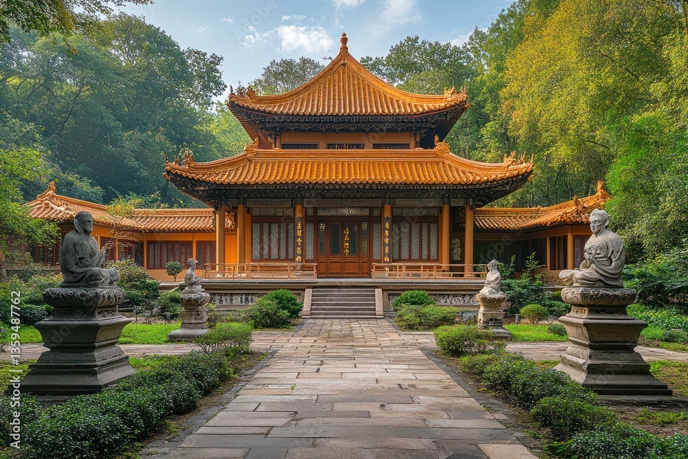 Fototapeta premium Elegant Chinese Garden with Stone Lanterns and Pathways for Tranquility