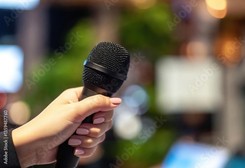 An individual prepares for an interview with a microphone in hand at a lively urban venue.