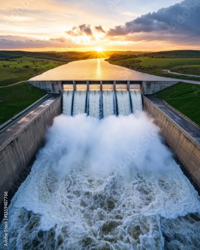 Water crisis solutions and awarenes. Hydroelectric Dam at Sunset: Aerial View of Water Flowing Over Concrete Structure photo