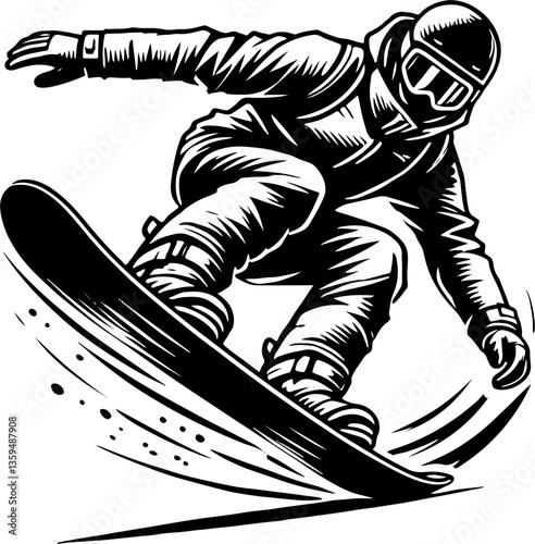 Snowboarder About to Make A Jump, Black And White Snowboard Silhouette