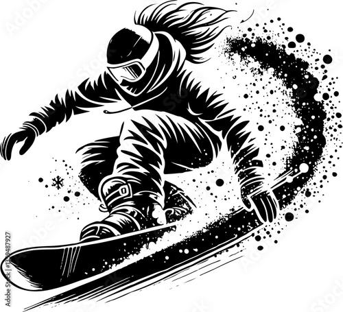 Female Snowboarder Carving Through Fresh Powder On A Slope, Black And White Snowboard Silhouette
