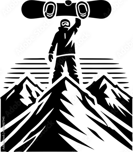 Snowboarder On Top Of The World, Black And White Snowboard Silhouette