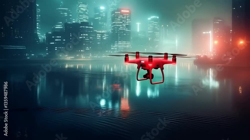 Drone flight video, aerial view of a futuristic cityscape at night with fog, technology,