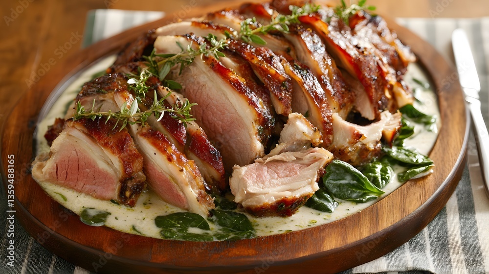 Roasted Leg of Lamb Slices with Creamy Spinach Roasted Leg of Lamb Slices with Creamy Spinach