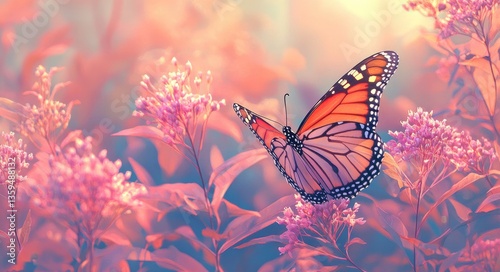 Joe Pye Weed: Monarch Butterfly on Pink Flower with Colourful Foliage photo