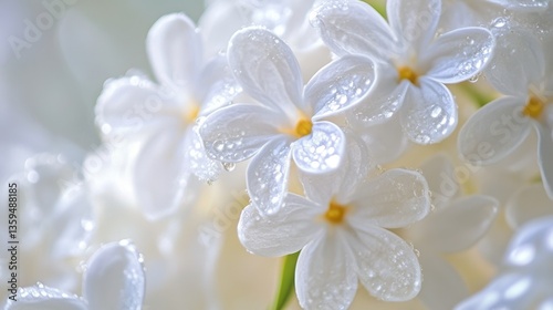 White lilac blossoms with raindrops