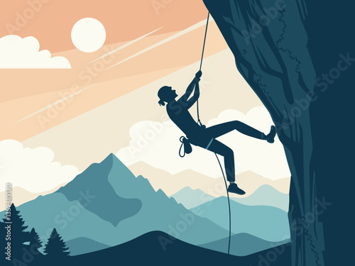 Rock climber ascending a cliff with ropes against a stunning mountain landscape during sunset