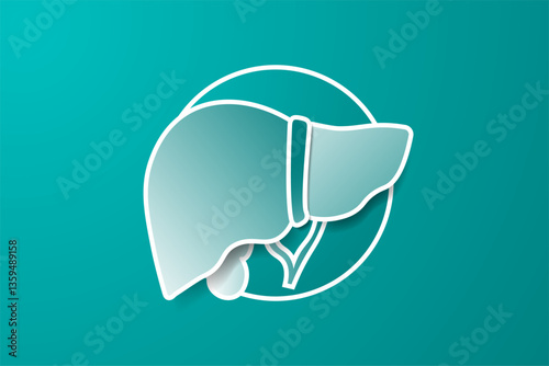Simple paper cut out of the liver organ with gallbladder on a gray background. Liver health background with copy space, no text. Flat liver and gallbladder anatomy illustration. Vector.