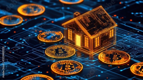 Futuristic Digital Rendering of a Floating House Surrounded by Stacks of Virtual Cryptocurrency Coins in a Raw 4Gigapixel AR Style Environment