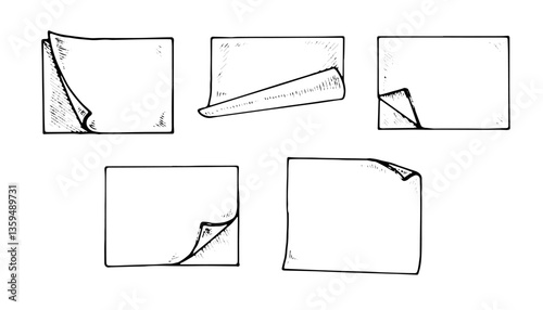 Vector illustration of a set of sticky notes in black and white. This hand drawn sketch features adhesive memo sheets with curled edges and blank spaces for notes. For planners and office designs