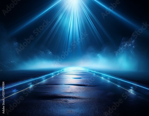 dark empty scene blue neon searchlight light wet asphalt smoke night view rays