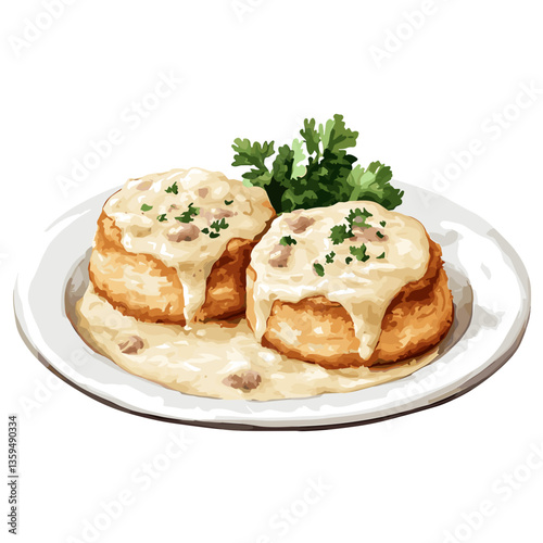 Watercolor Plate of Southern Biscuits with Sausage Gravy