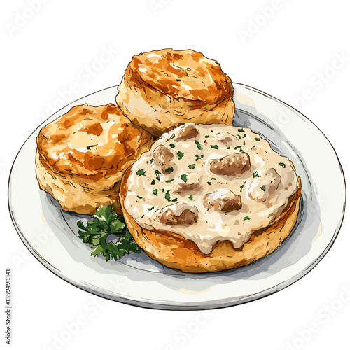 Watercolor Plate of Southern Biscuits with Sausage Gravy