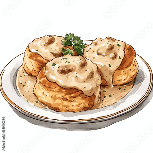 Watercolor Plate of Southern Biscuits with Sausage Gravy
